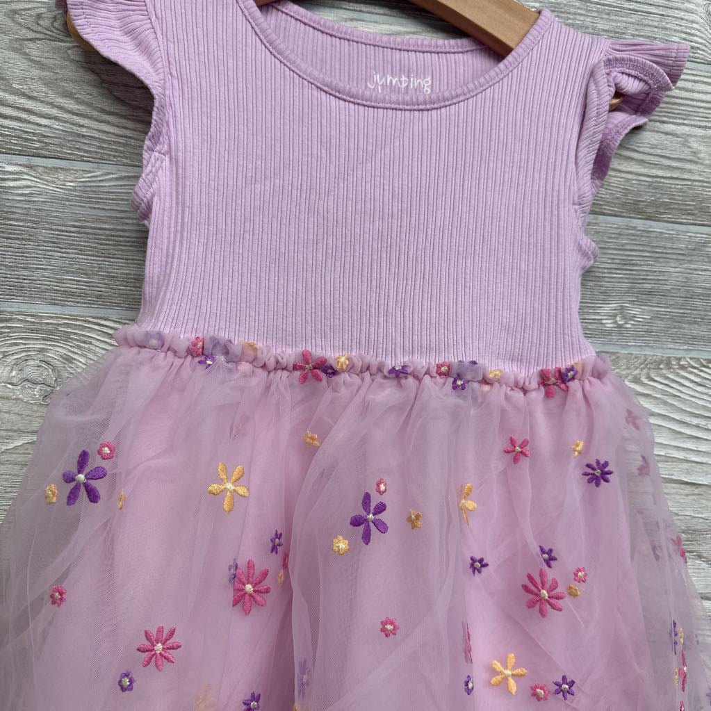 Ribbed Tulle Dress Embroidered Flowers 4T
