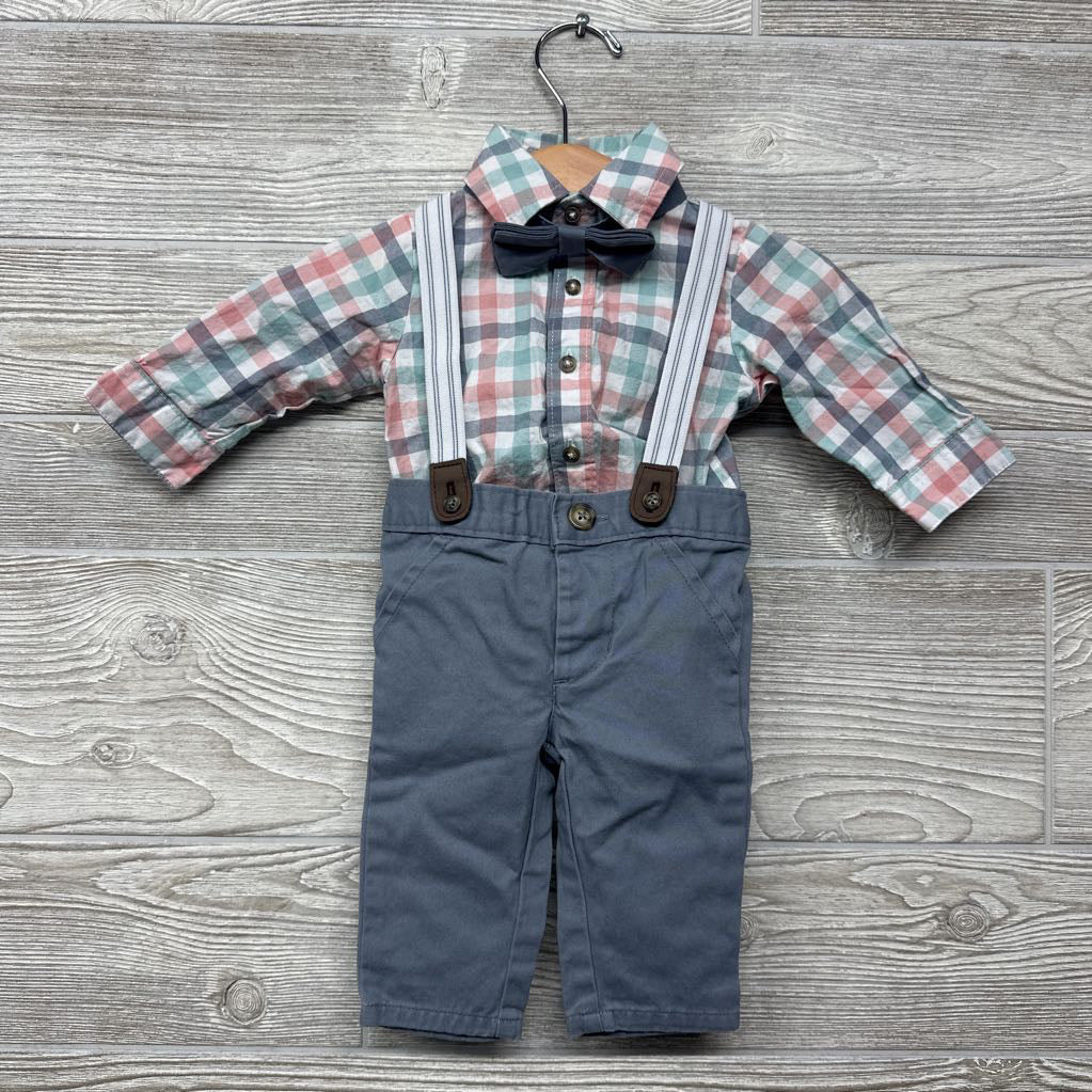 LS Plaid Button Up Bodysuit & Suspender Pants W/ Bowtie 3M