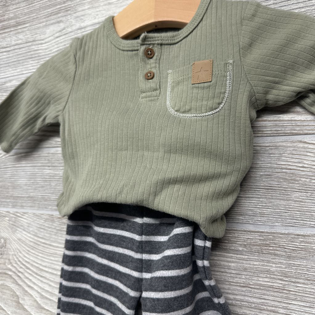 LS Ribbed Henley Bodysuit & French Terry Pants Stripes 0-3M