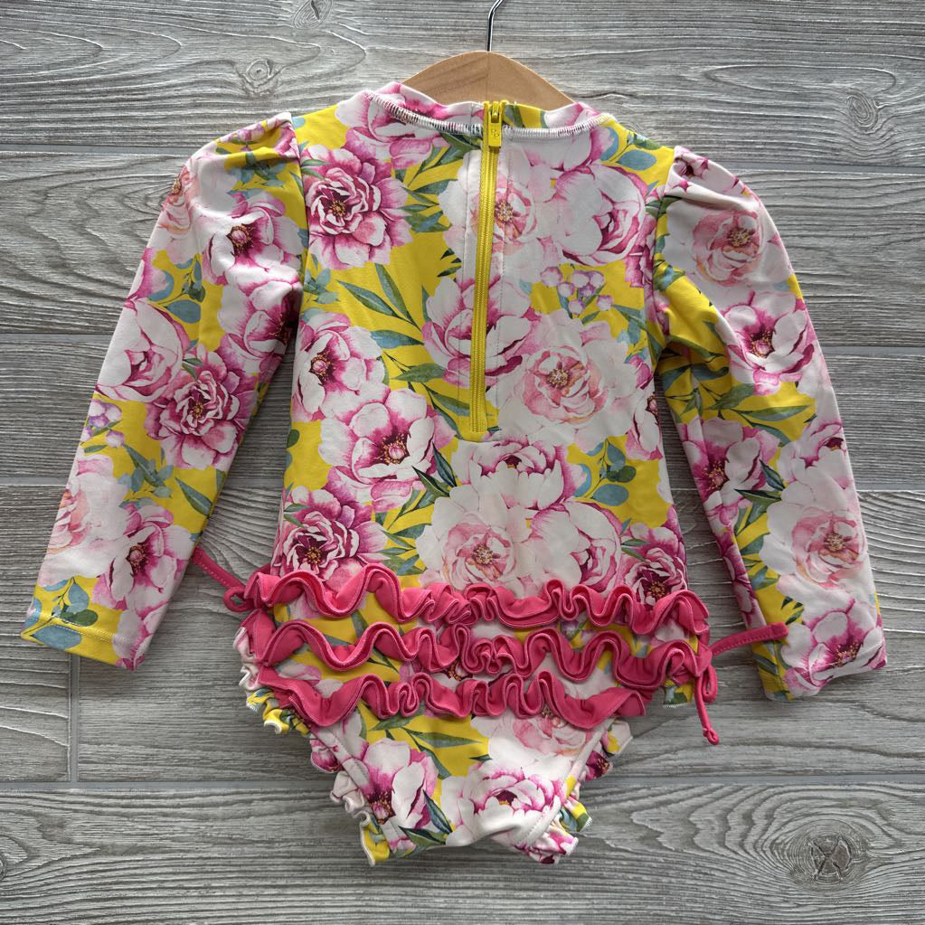 LS Swimsuit Flowers Ruffle Trim Side Bows 2T