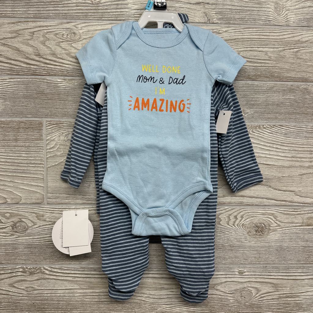 NEW Bodysuit Well Done Mom & Dad, LS Side Snap Shirt & Pants Stripes W/ Hat 3-6M