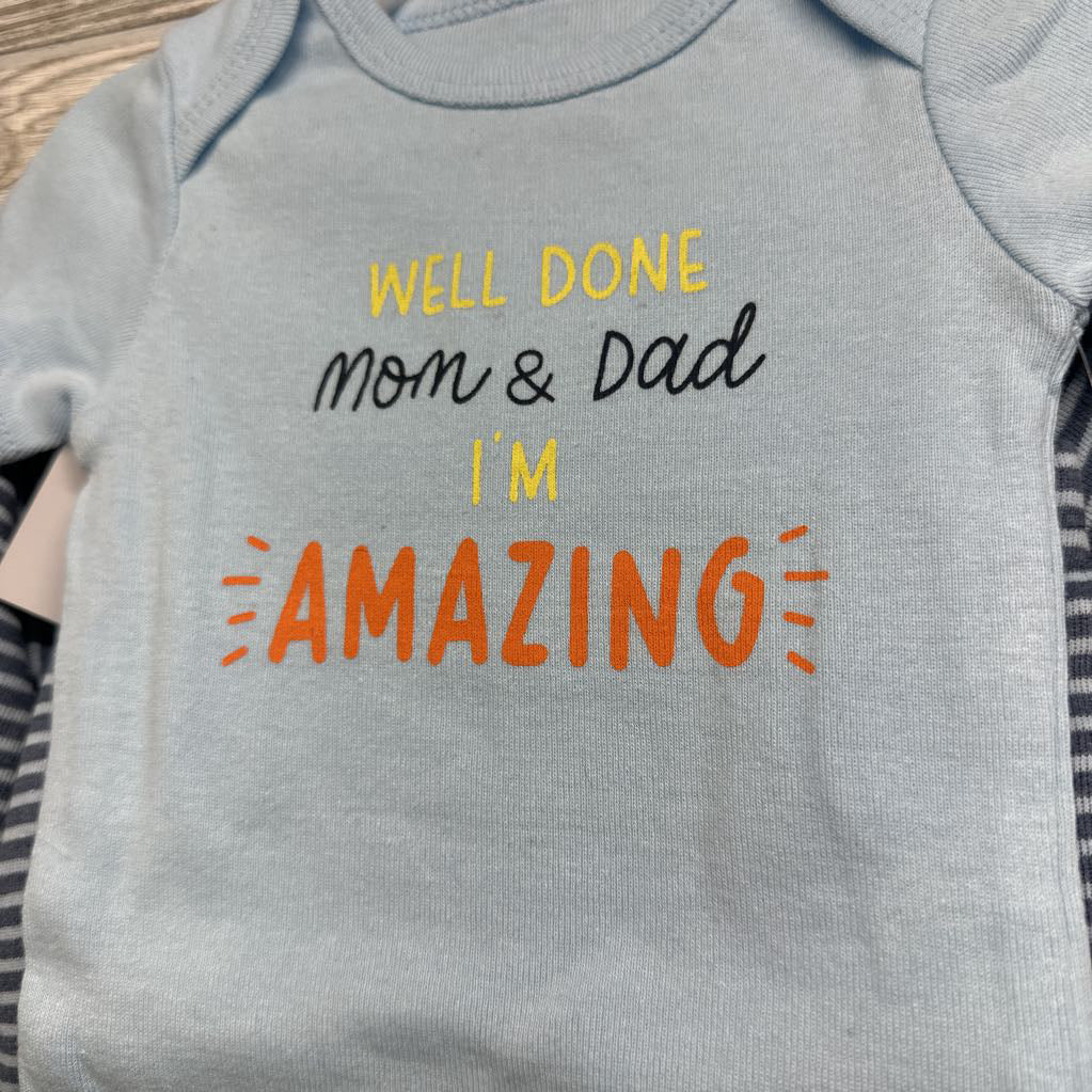 NEW Bodysuit Well Done Mom & Dad, LS Side Snap Shirt & Pants Stripes W/ Hat 3-6M
