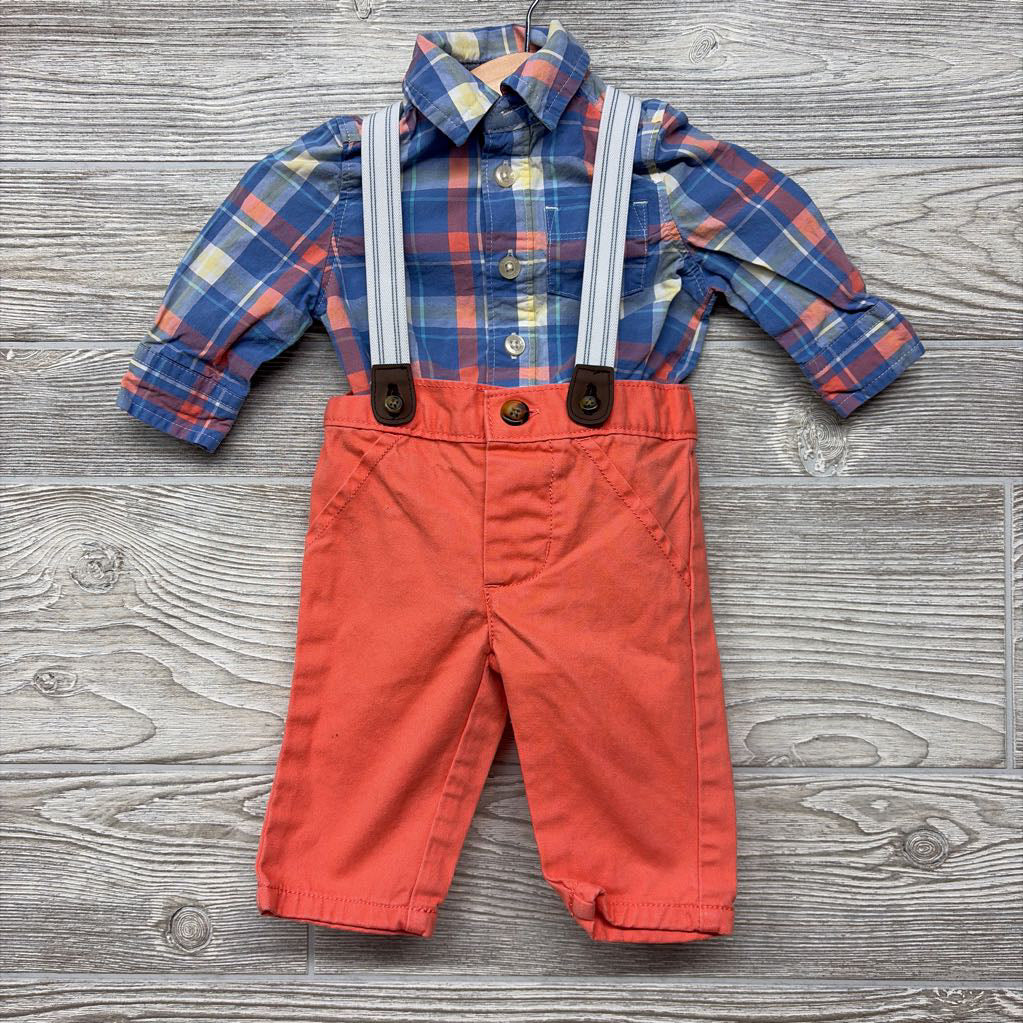 LS Plaid Button Up Bodysuit & Suspender Pants 3M