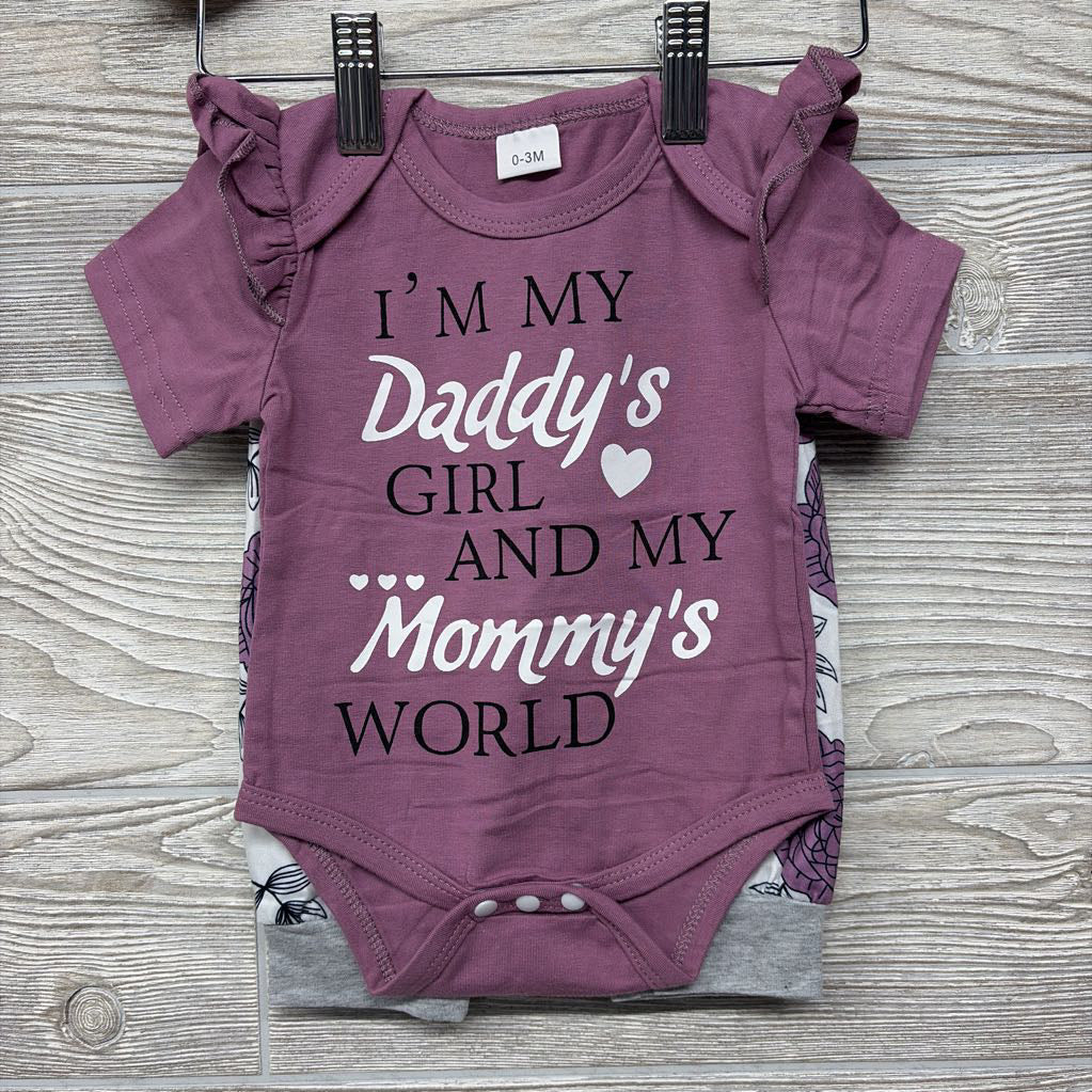 Nw/oT Bodysuit I'm My Daddy's Girl And My Mommy's World & Pants Flowers W/ Headwrap & Hat 0-3M