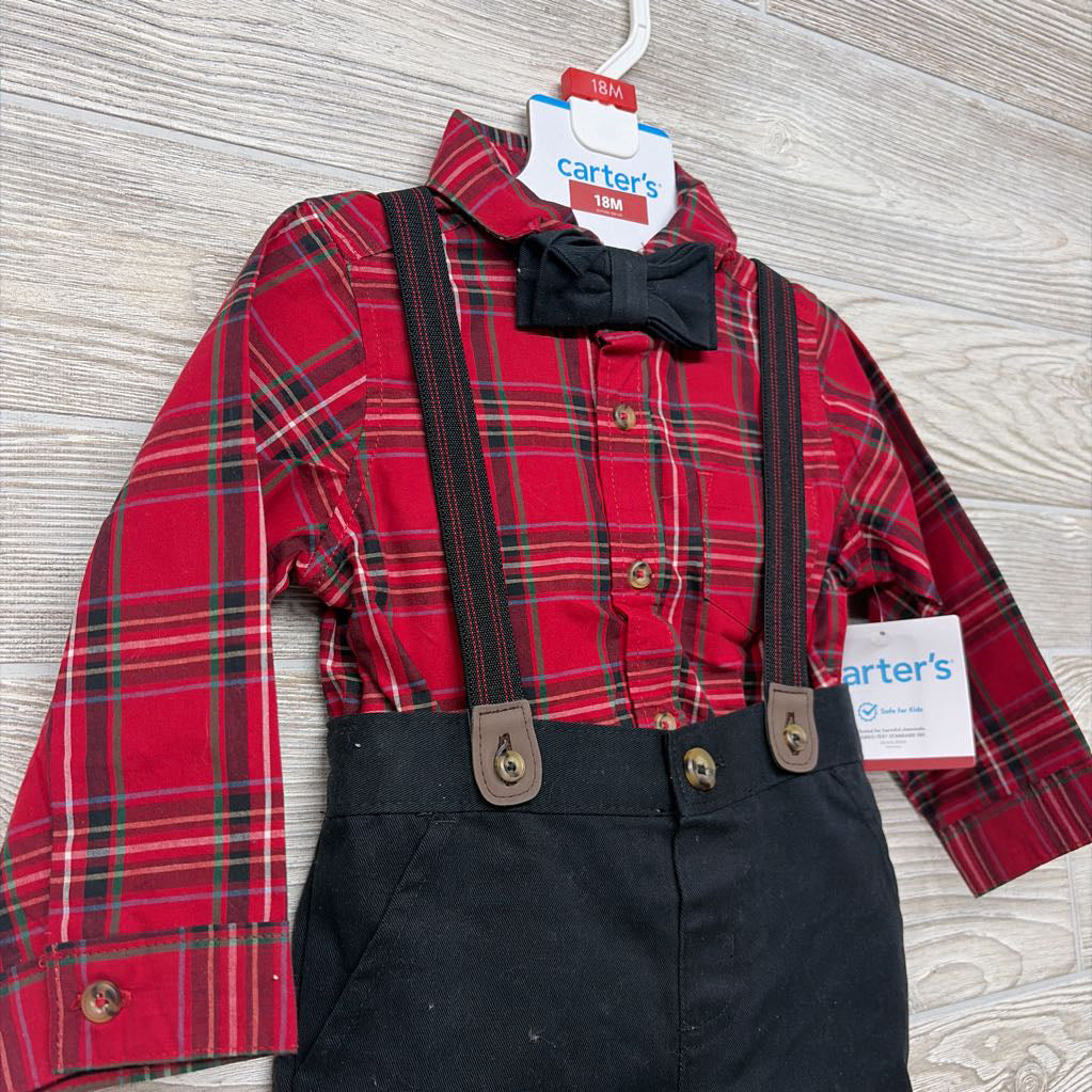 NEW LS Plaid Button Up Bodysuit & Cord Suspender Pants 18M