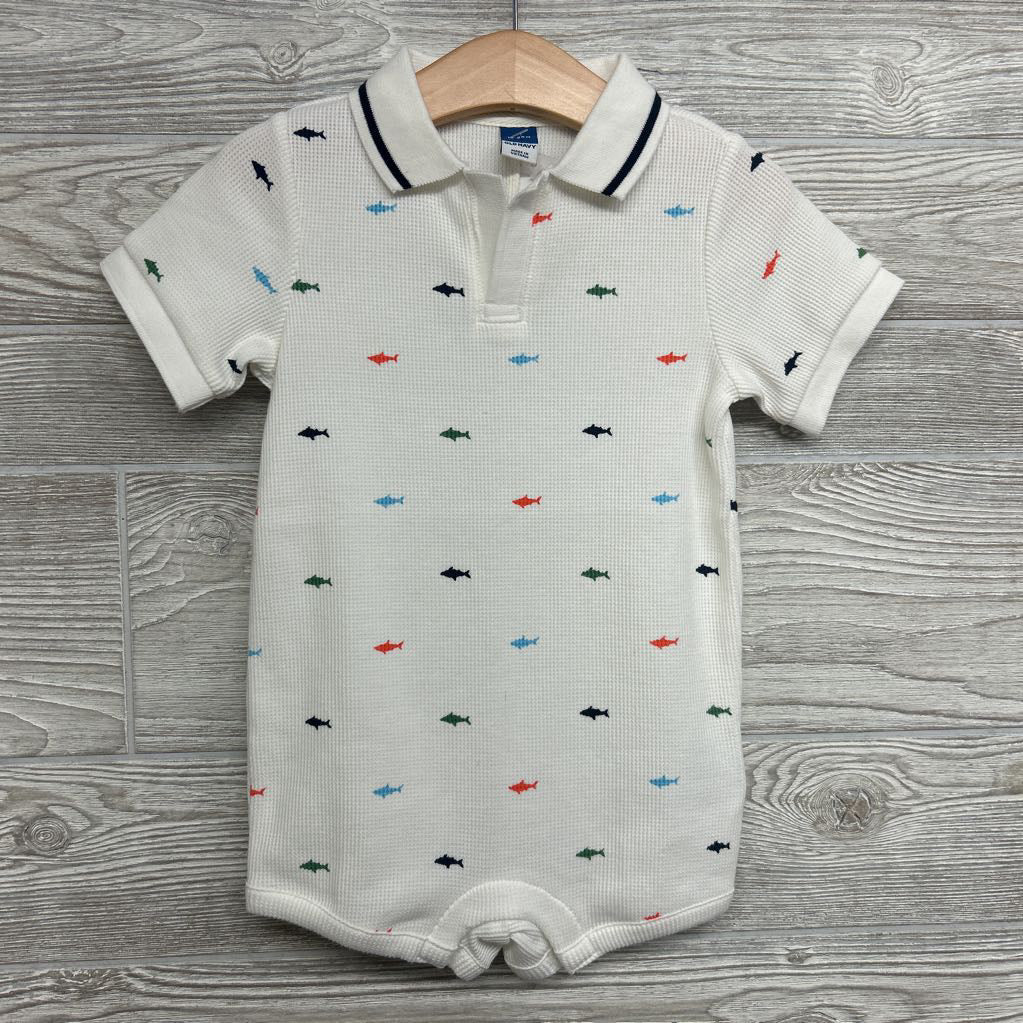 Waffle Knit Henley Shorty Romper Sharks 18-24M