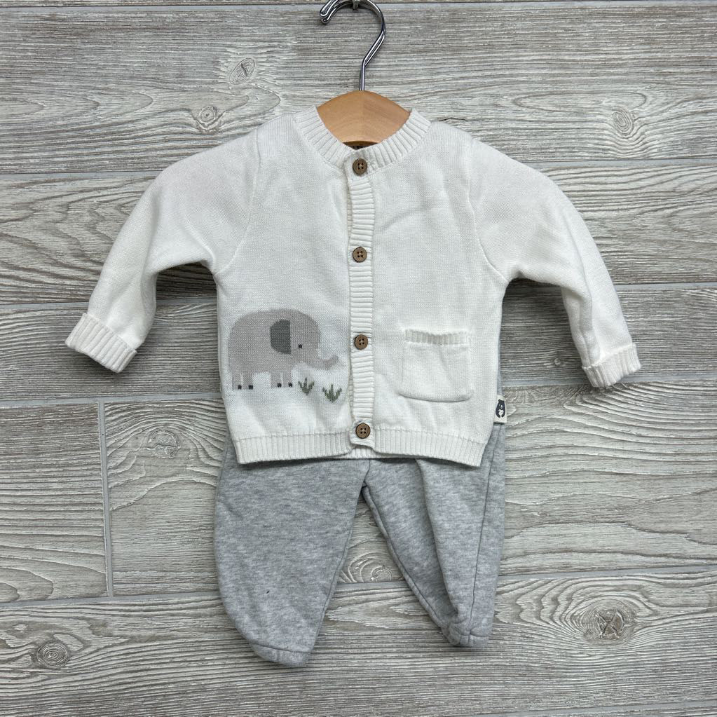 Knit Cardigan Elephant & French Terry Pants 3-6M