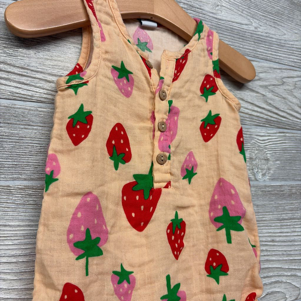 Gauze Tank Henley Romper Strawberries 6-12M