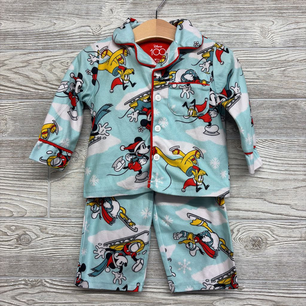 2 Pc LS Button Up PJs Mickey Pluto Sledding 12M