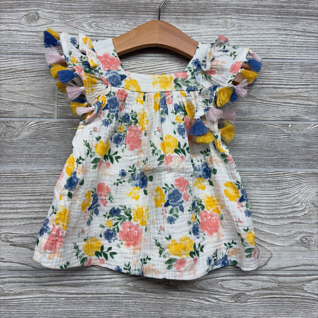 Muslin Ruffle Strap Dress Flowers & Tassles 3-6M