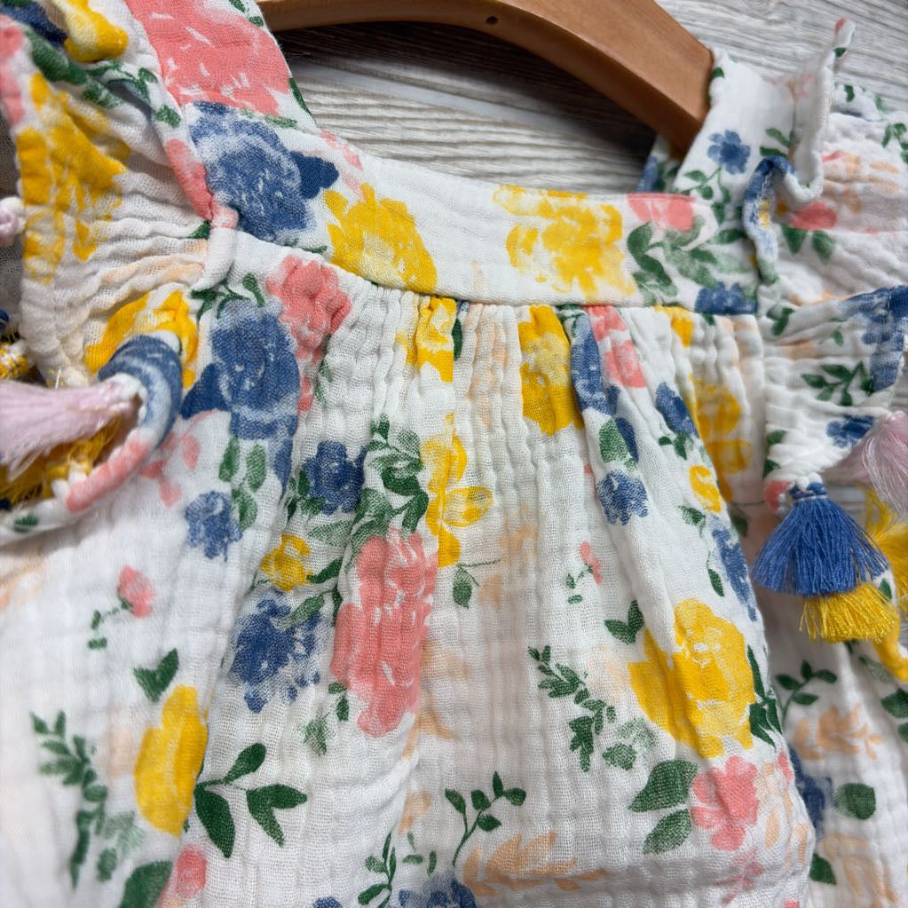 Muslin Ruffle Strap Dress Flowers & Tassles 3-6M
