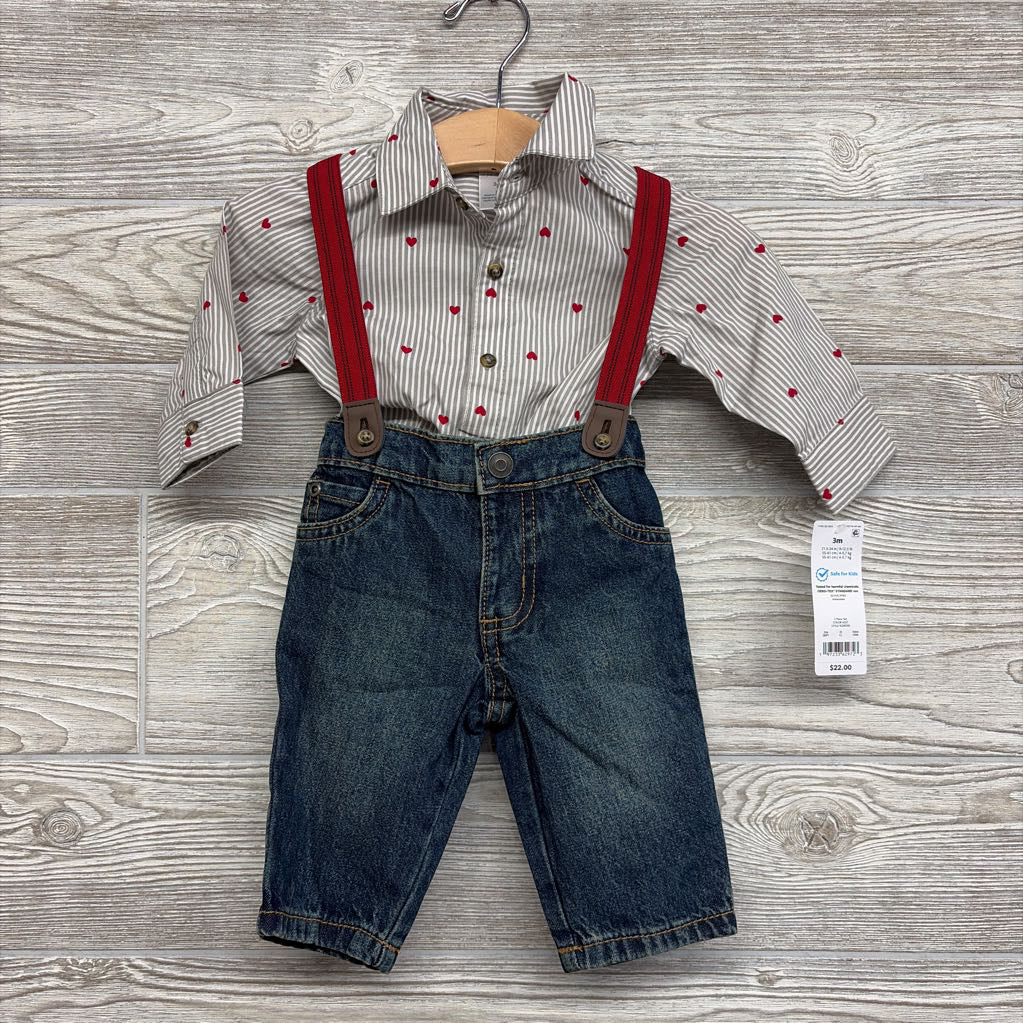 NEW Suspender Jeans, Button Up Shirt Stripes & Hearts 3M