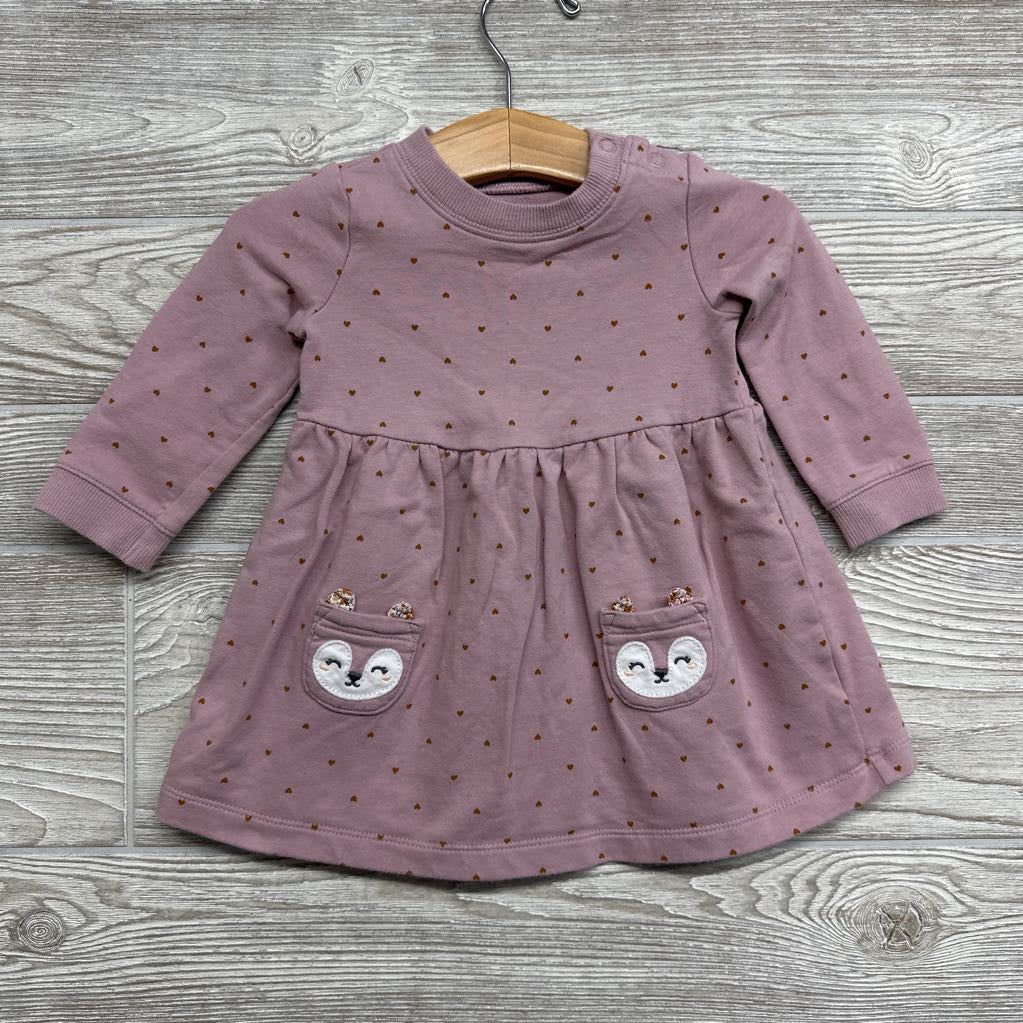 LS French Terry Dress Hearts Fox Pockets 9M