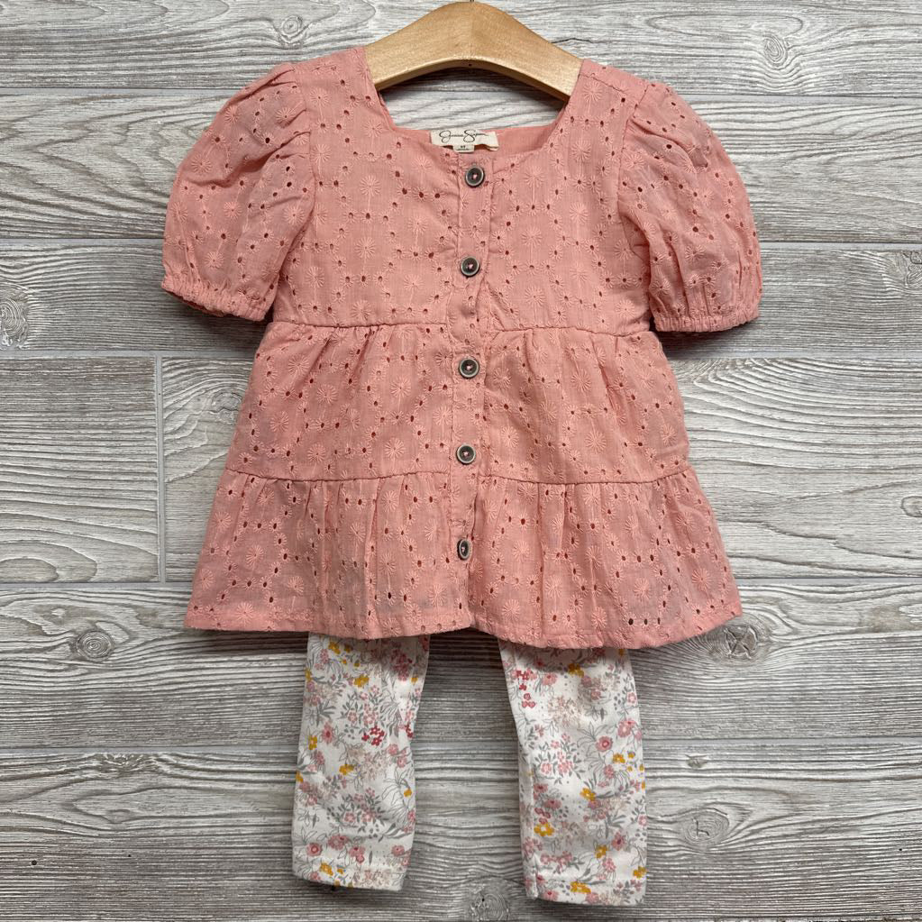 Eyelet Button Up Puff Sleeve Shirt & Leggings Flowers 3T