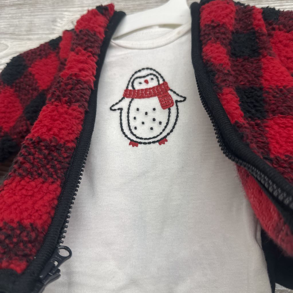 NEW Plush Jacket Buffalo Plaid, LS Bodysuit Penguin & Pants NB