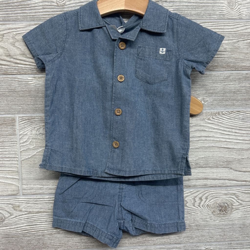 Chambray Button Up Shirt Chest Pocket Anchor & Pull On Shorts 6M