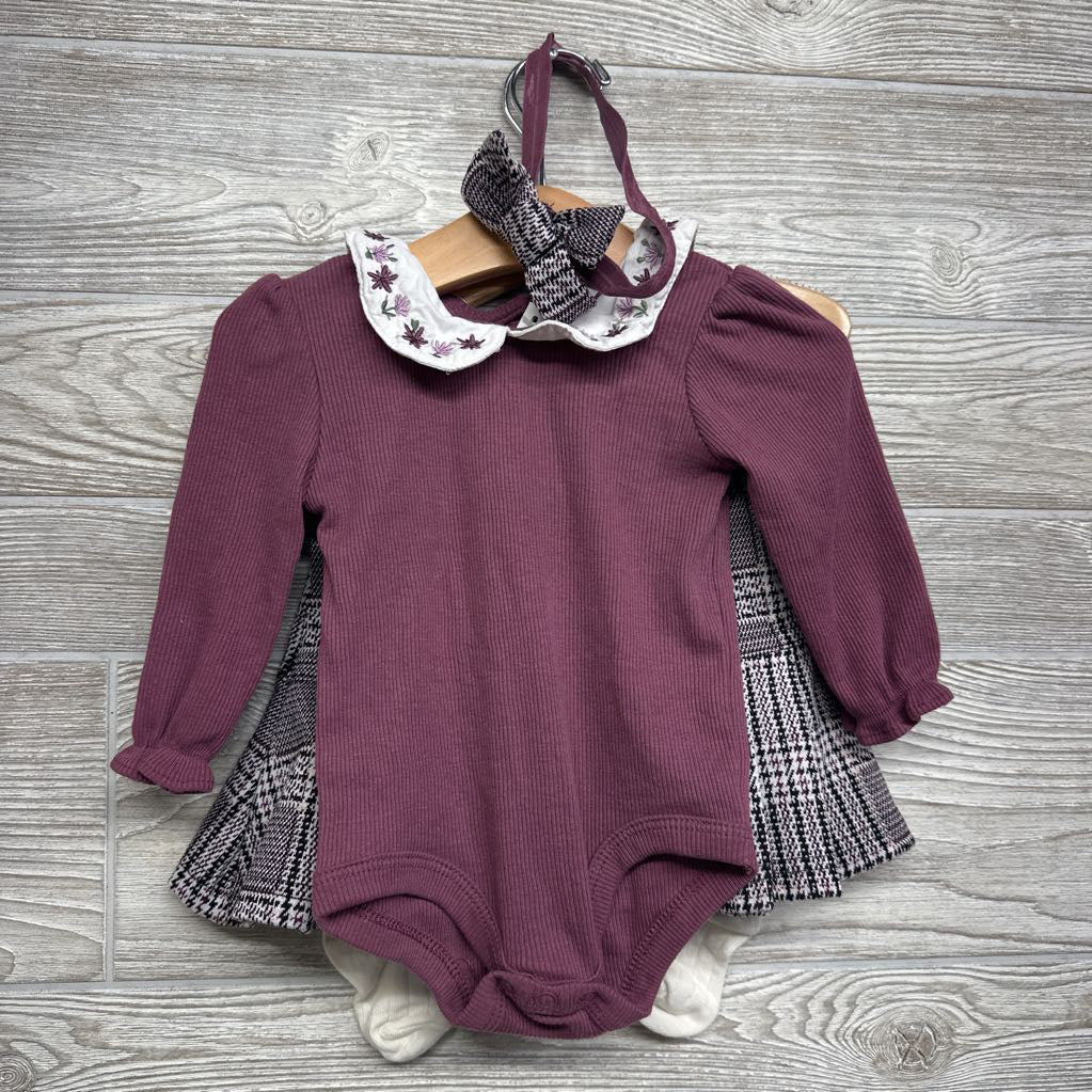 LS Collared Ribbed Bodysuit Embroidered Flowers & Pleated Plaid Skirt W/ Headwrap & Socks 12M