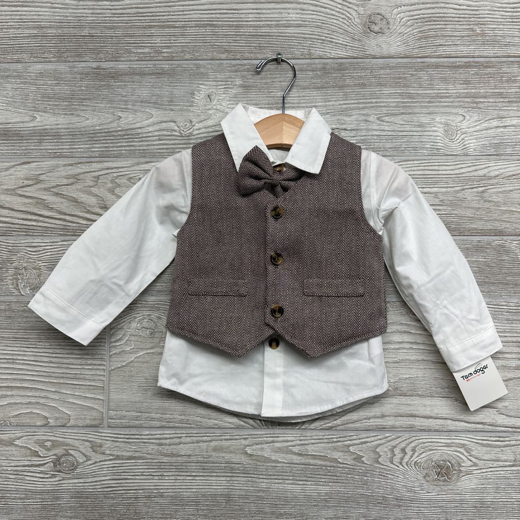 NEW Vest, LS Button Up Shirt & Suspender Pants Herringbone 12-24M