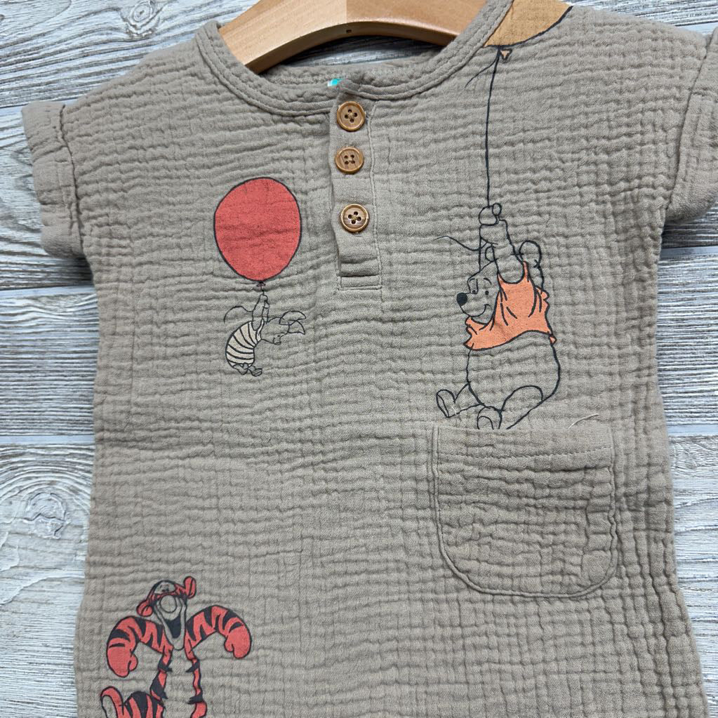 Gauze Henley Shorty Romper Piglet Pooh Balloons 12M