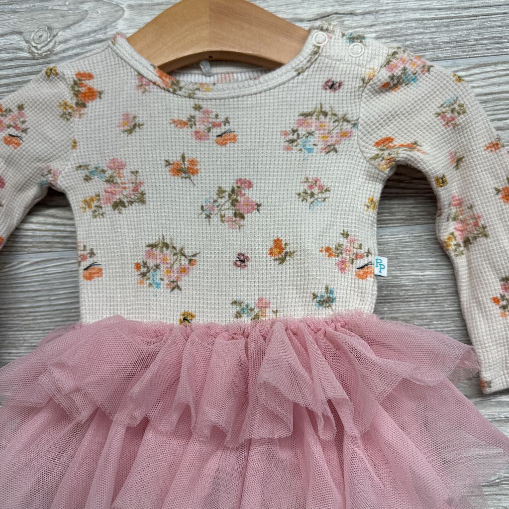 LS Waffle Knit Tulle Bodysuit Dress Flowers 3-6M