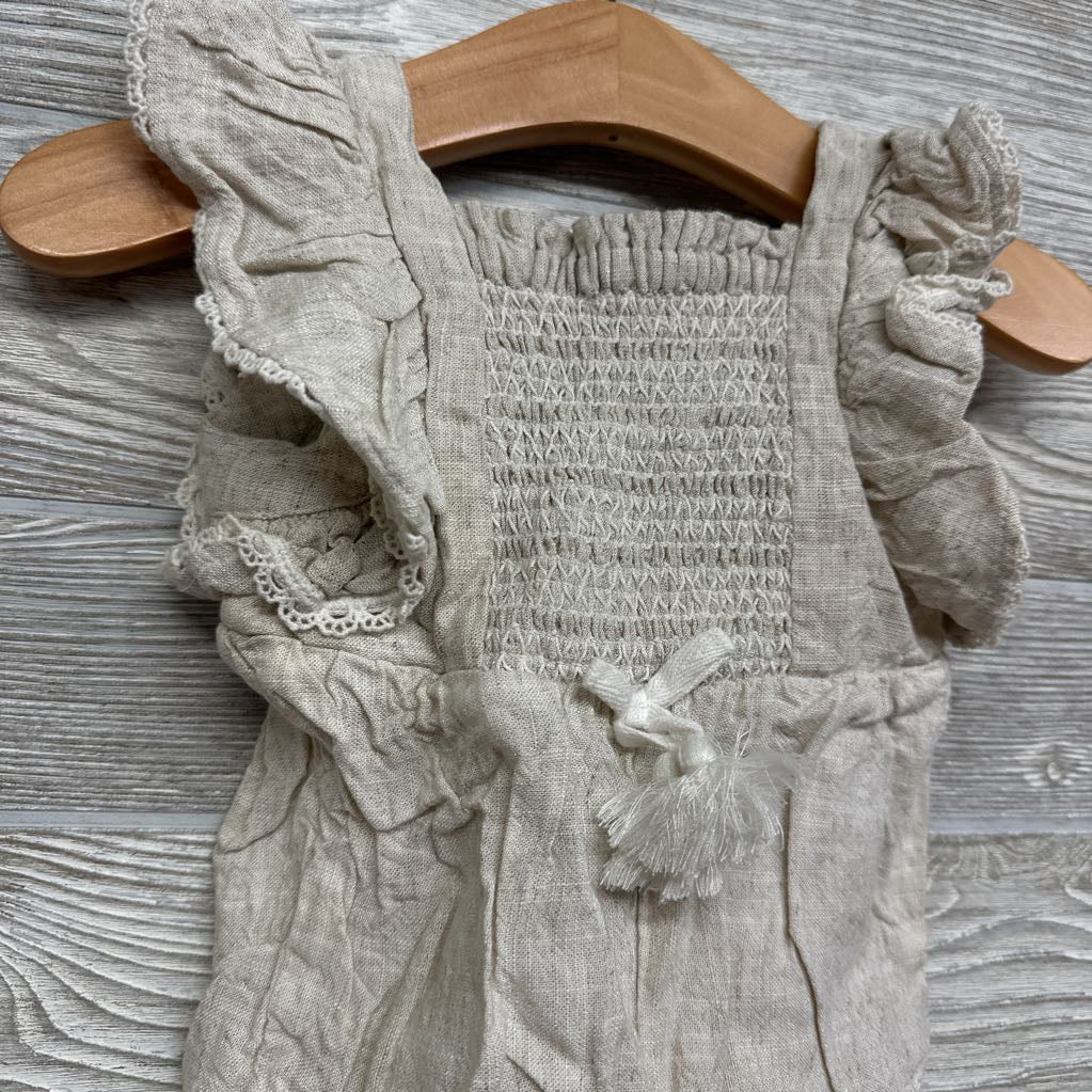 Linen Blend Smocked Flutter Sleeve Romper 3-6M