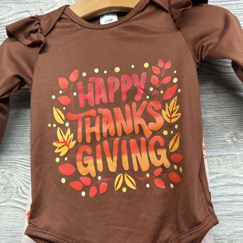 LS Bodysuit Happy Thanksgiving & Bell Bottom Pants Turkeys Leaves 3-6M