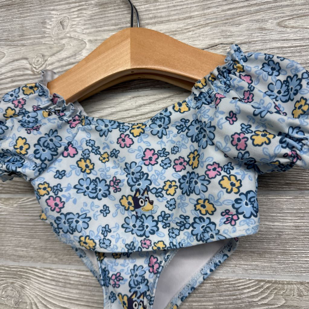 2 Pc Puff Sleeve Swimsuit Flowers Ruffle Trim 12M