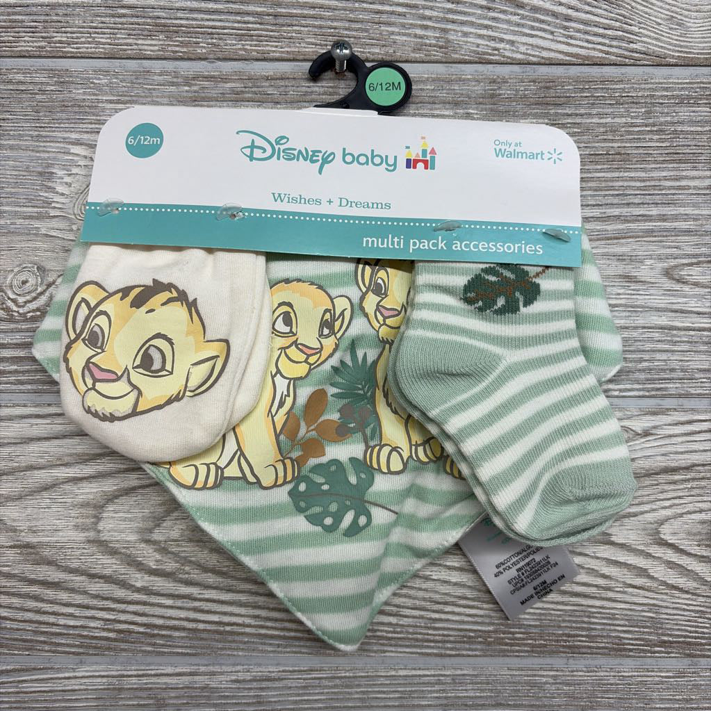 NEW Bandana Bib, Socks & No Scratch Mittens Stripes Simba 6-12M