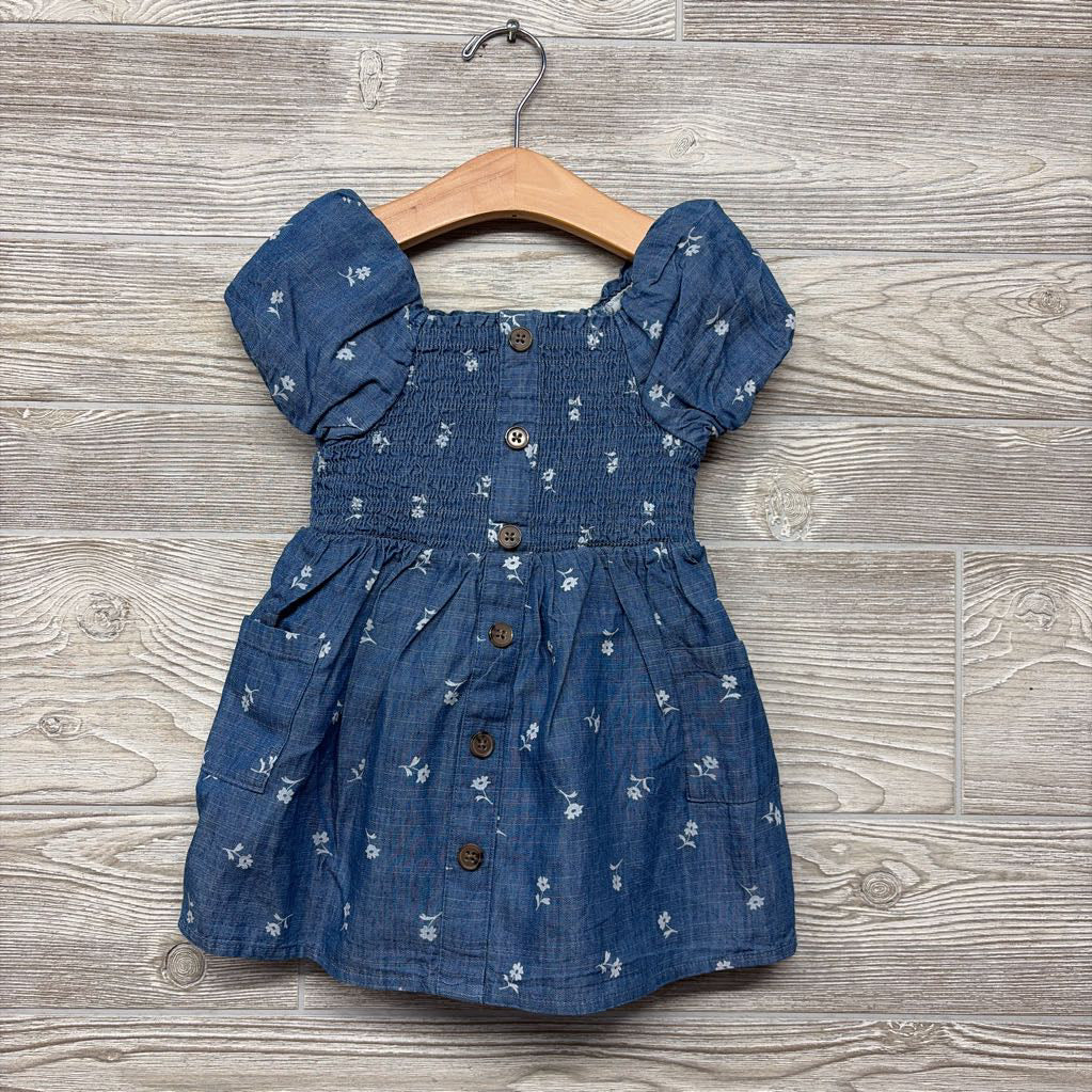 Smocked Chambray Dress Flowers 18M
