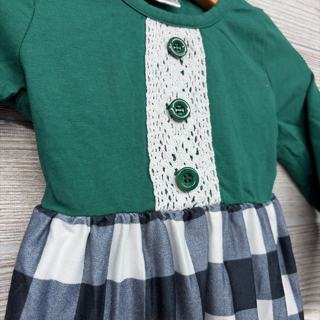 LS Dress Buttons & Plaid Skirt 12-18M