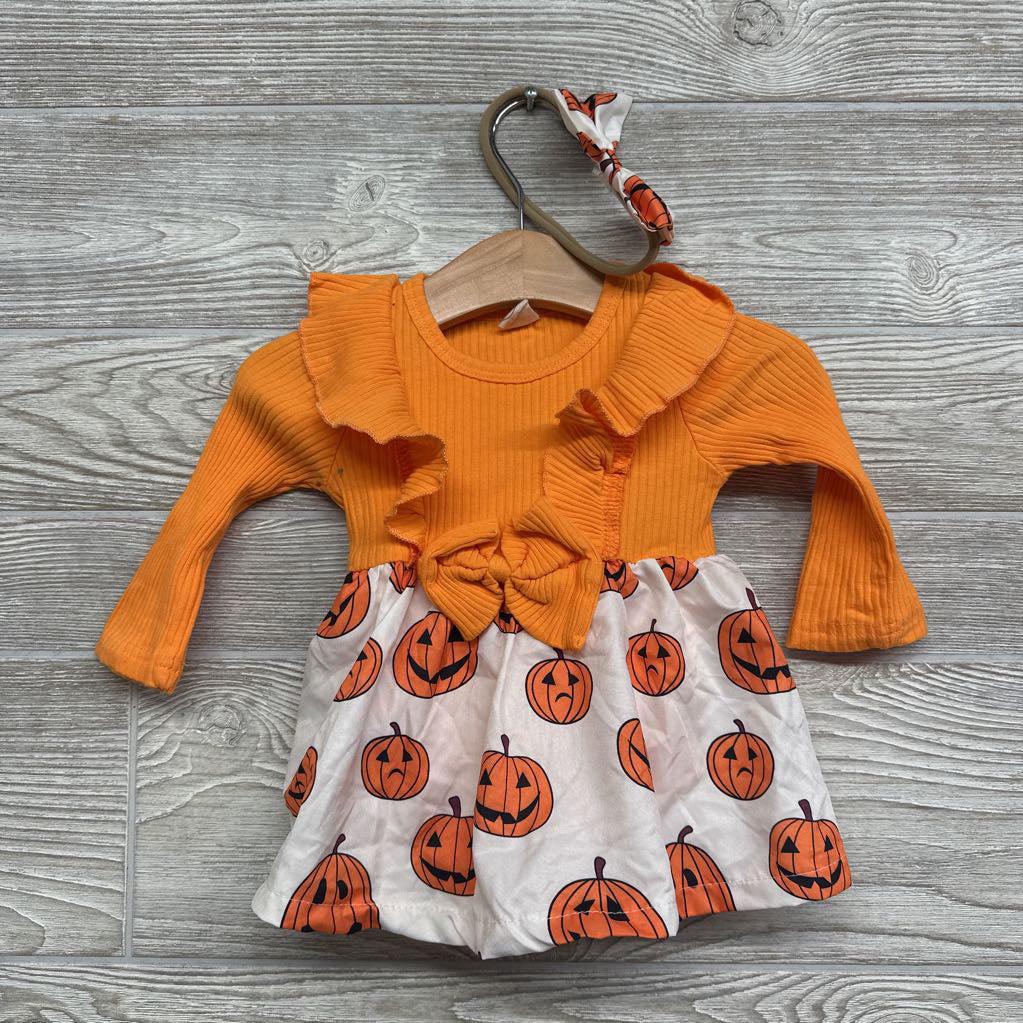 LS Ribbed Dress Pumpkins & Headwrap 3-6M