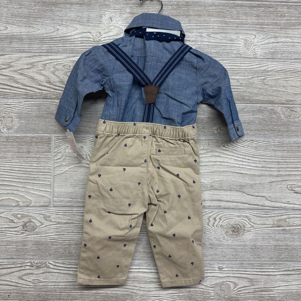 Chambray Button Up Shirt, Suspender Pants & Tie 6M