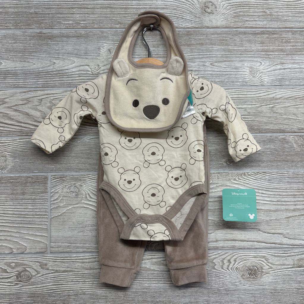 NEW LS Bodysuit Pooh, Velour Pants & Pooh Bib