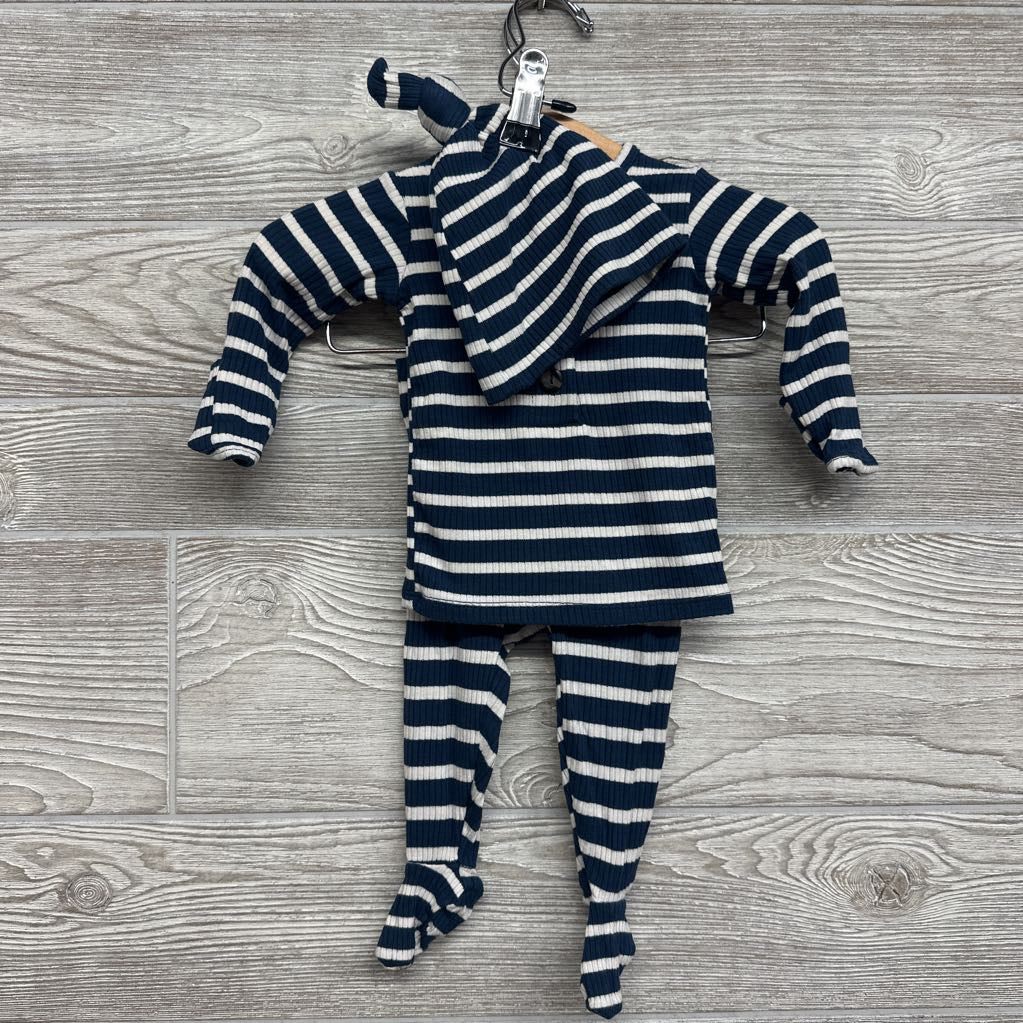 LS Bamboo Ribbed Henley Shirt, Footed Pants & Top Knot Hat Stripes NB