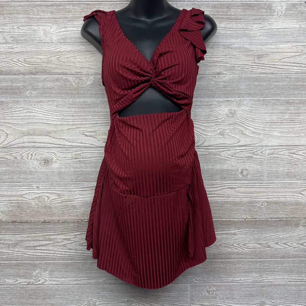 Flutter Sleeve Ribbed Maternity Swimsuit Dress Medium