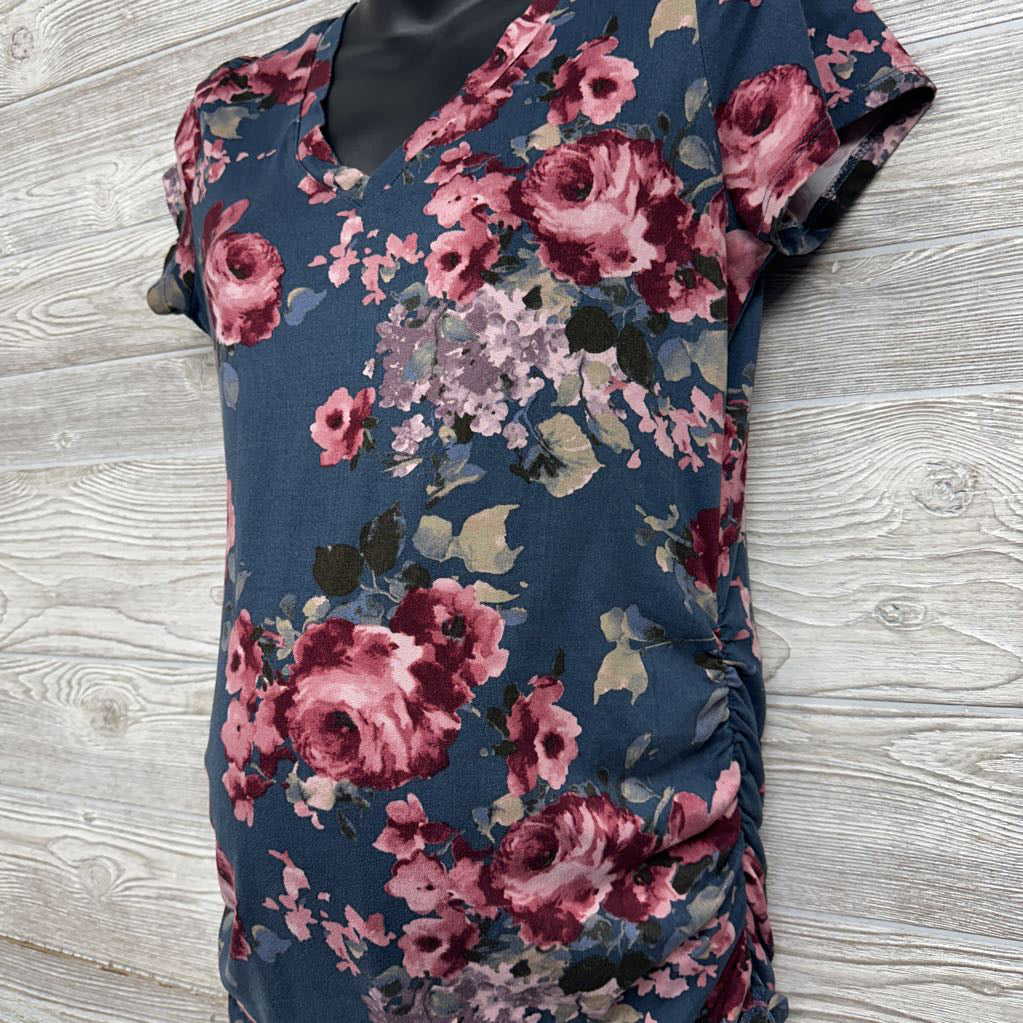Ruched V Neck Shirt Flowers Large