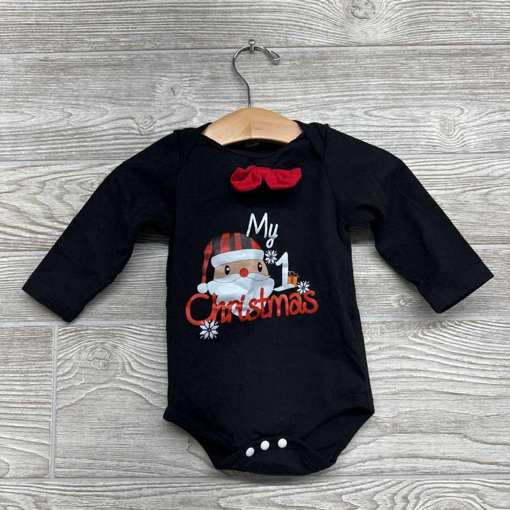 LS Bodysuit My First Christmas, Suspender Pants Buffalo Plaid W/ Hat 6M