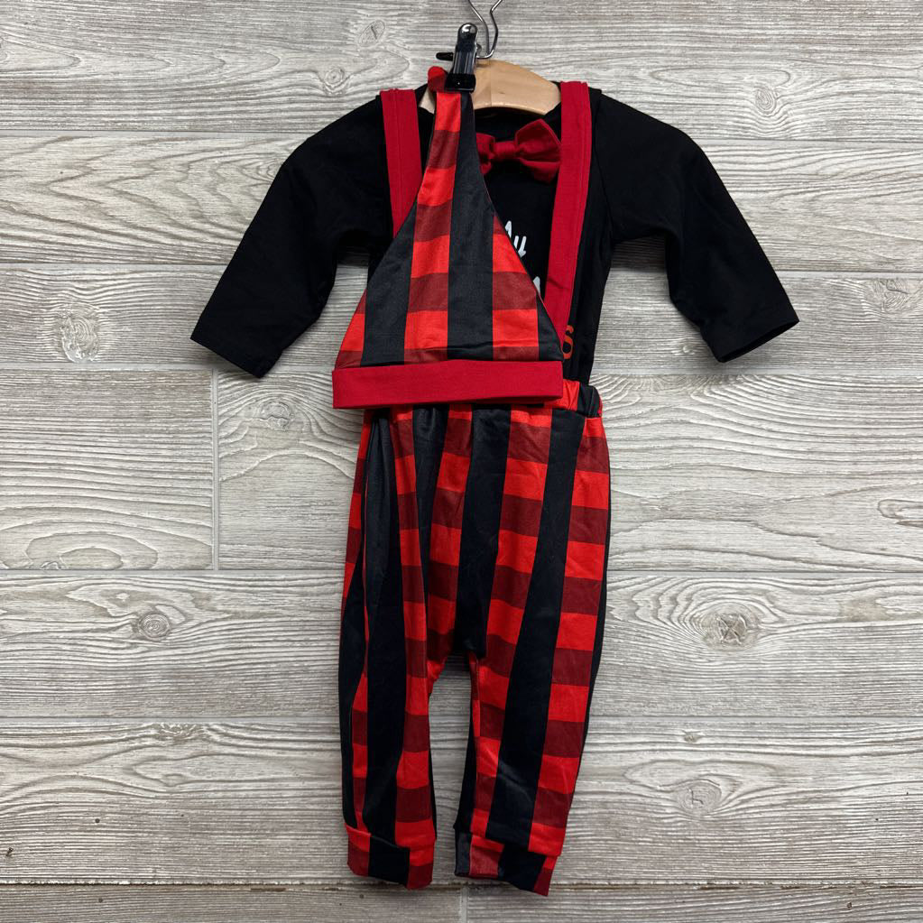 LS Bodysuit My First Christmas, Suspender Pants Buffalo Plaid W/ Hat 6M