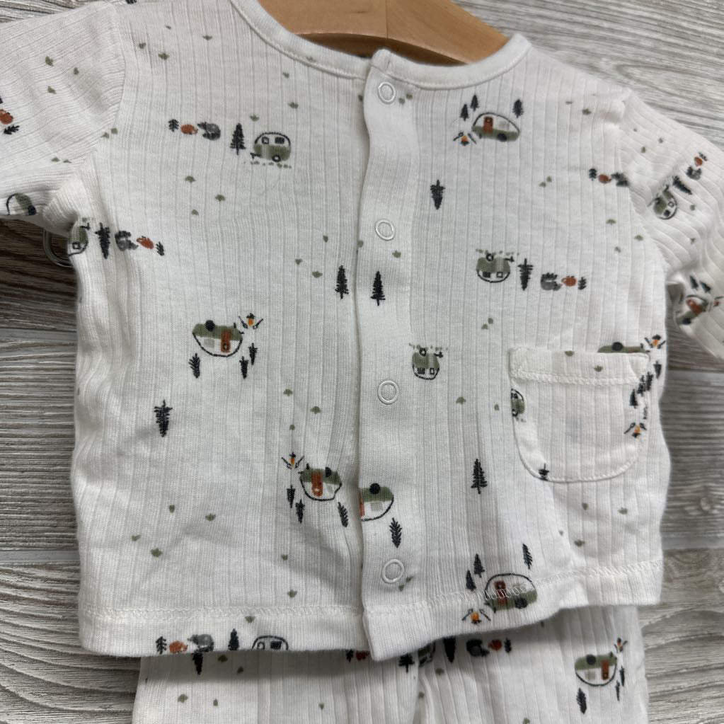 LS Ribbed Snap Shirt & Footed Pants W/ Hat Campers Trees 0-3M