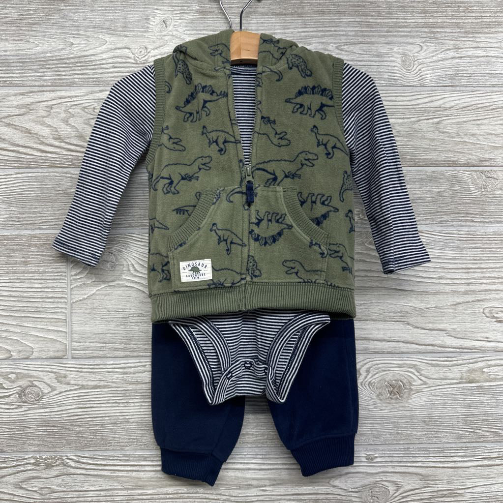 Fleece Vest Dinosaurs, LS Bodysuit Stripes & Fleece Joggers 12M