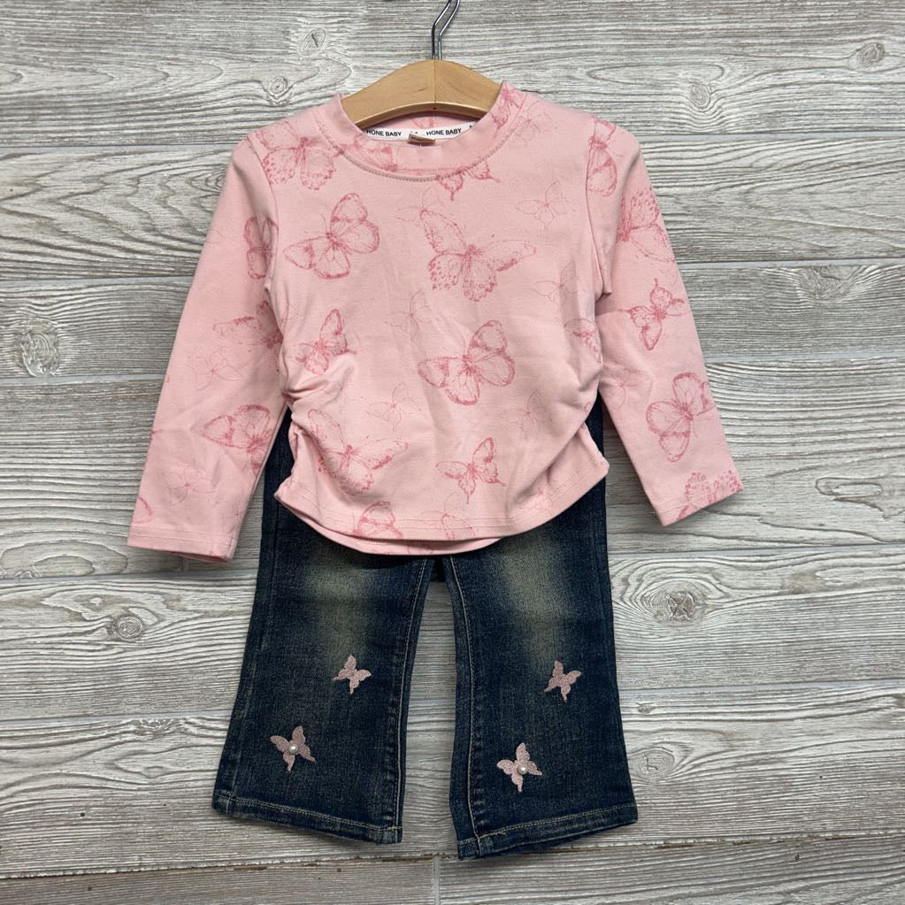 LS Shirt & Pull On Flare Jeans Butterflies 4-5