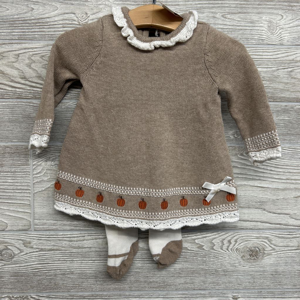 LS Knit Collared Dress & Knit Tights Pumpkins 3-6M