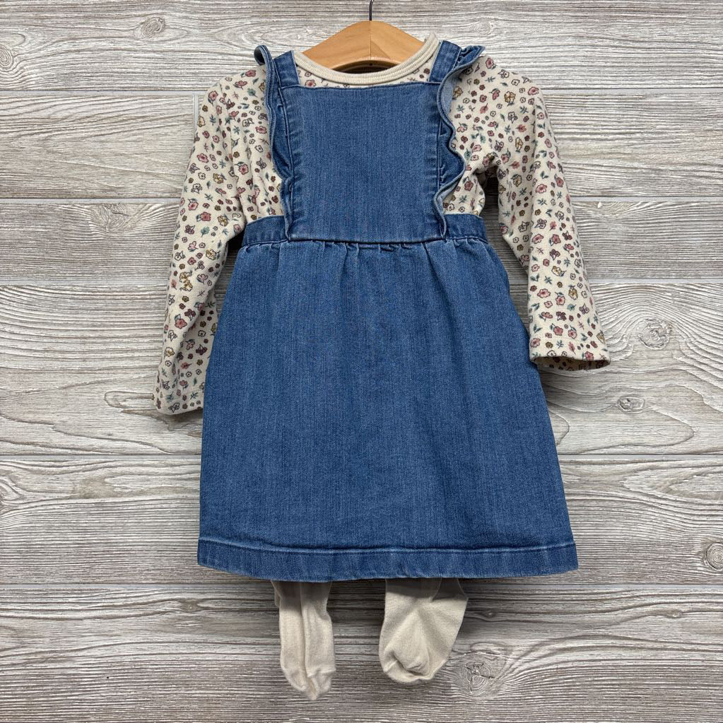 LS Shirt Flowers, Denim Bib Jumper & Knit Tights 24M