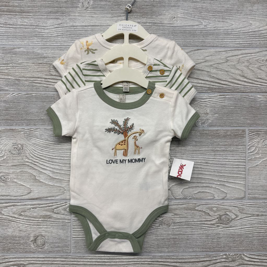 NEW Organic 3 Pk Bodysuits Giraffes, Love My Mommy 0-3M