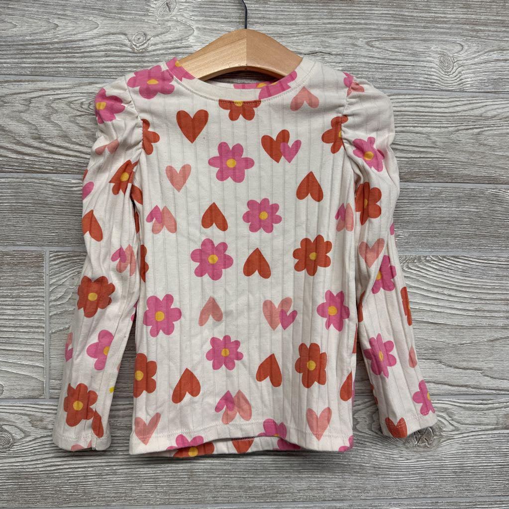 LS Ribbed Shirt Flowers Hearts 4T