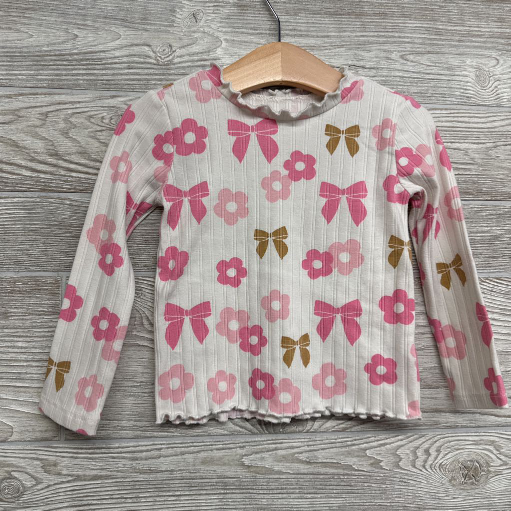 Ribbed LS Shirt Lettuce Trim Flowers & Bows 2t