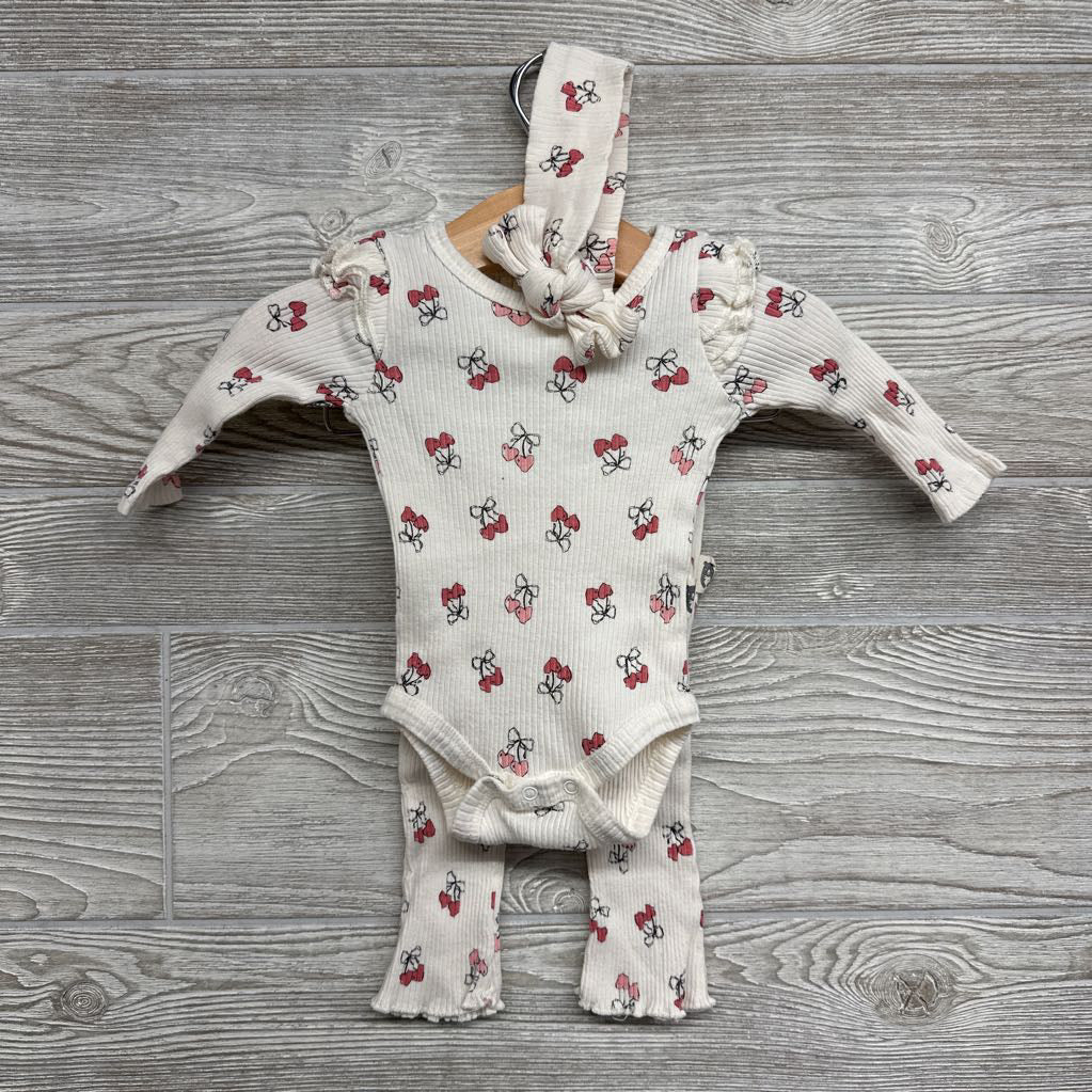 Ribbed Bodysuit, Pants & Head Wrap Bows W/ Hearts 3-6M