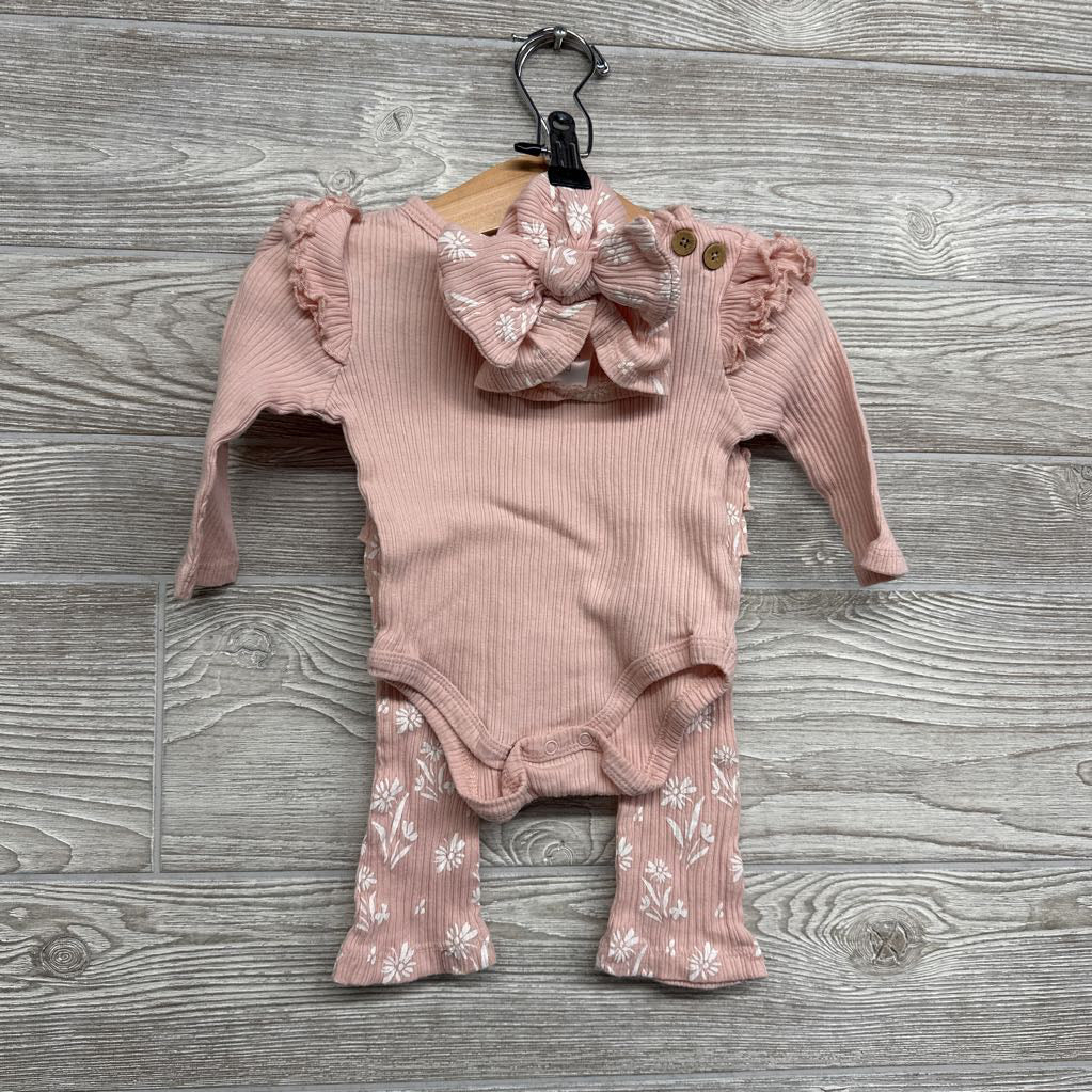 Ribbed Bodysuit Solid & Ribbed Flower Pants & Headwrap 3-6M