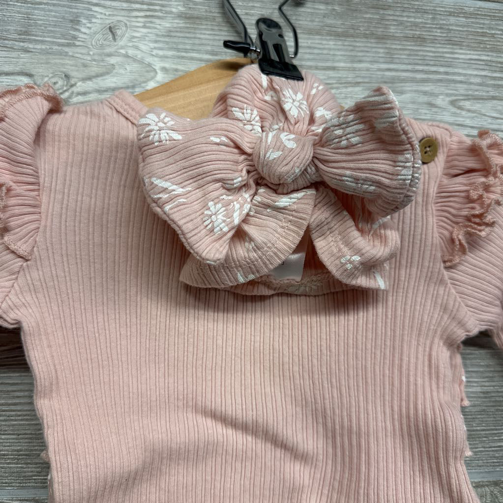 Ribbed Bodysuit Solid & Ribbed Flower Pants & Headwrap 3-6M