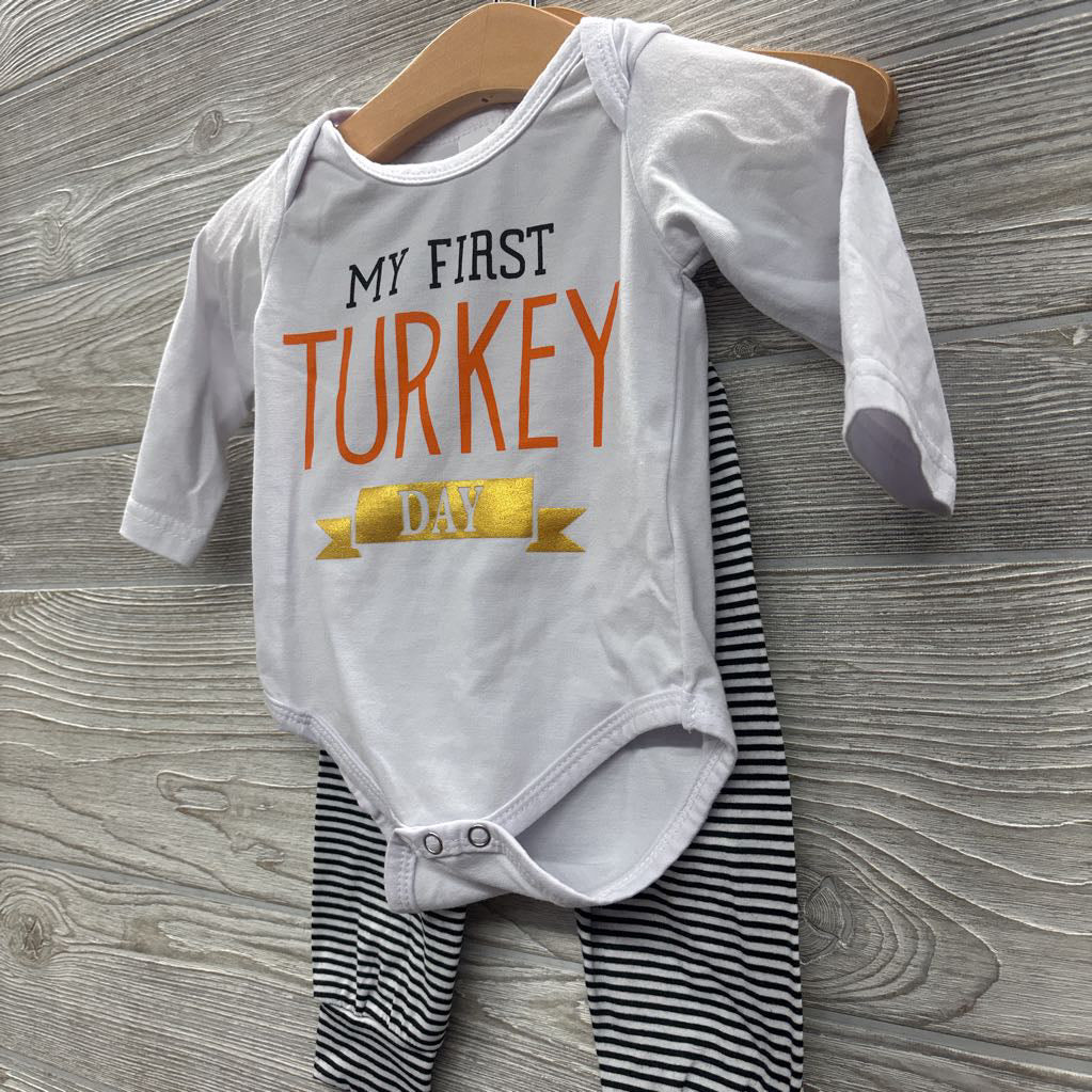 LS Bodysuit My First Turkey Day & Pants Stripes 0-3M